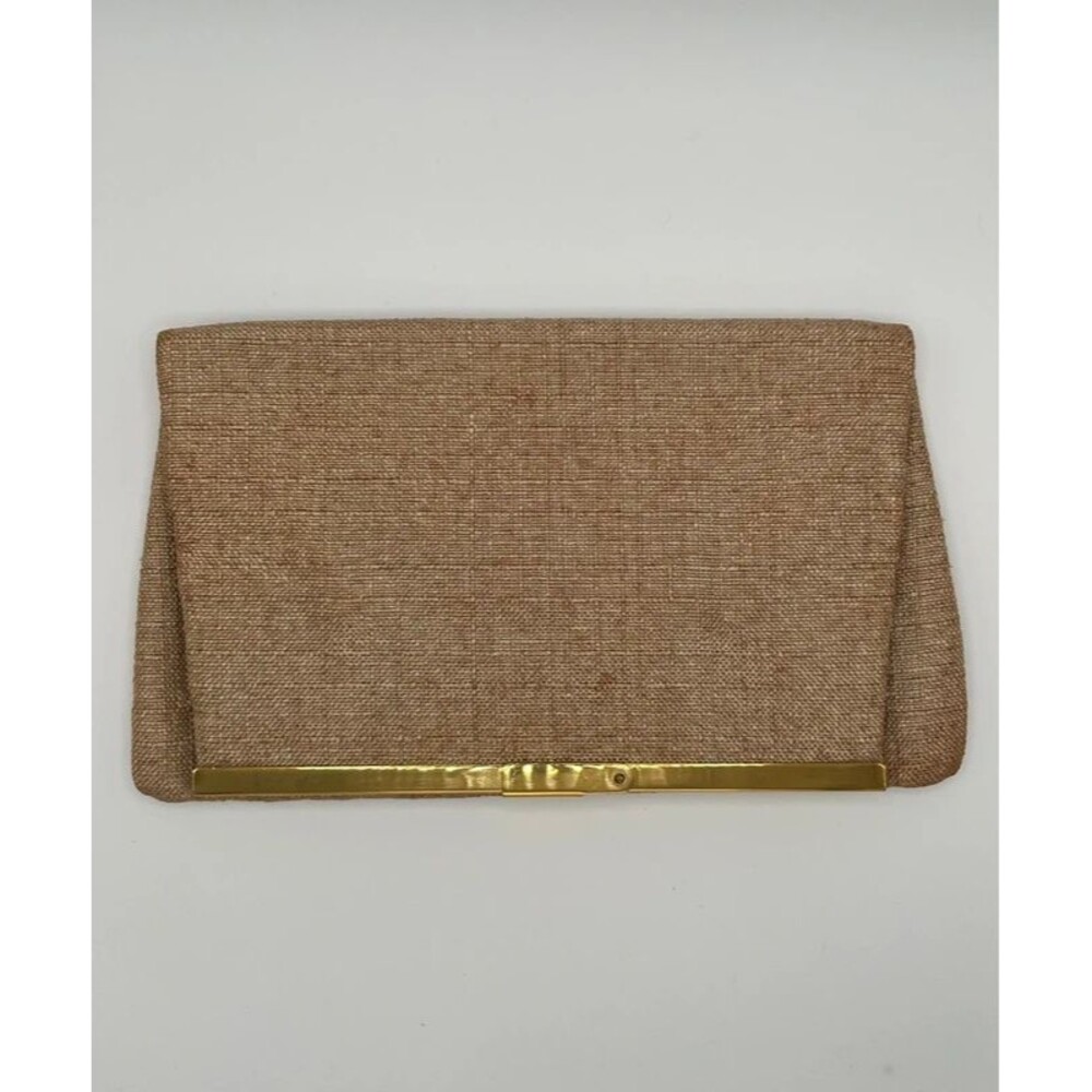 Vintage 1960s Saks Fifth Avenue Mid Century Champagne Linen Clutch Talon Zipper